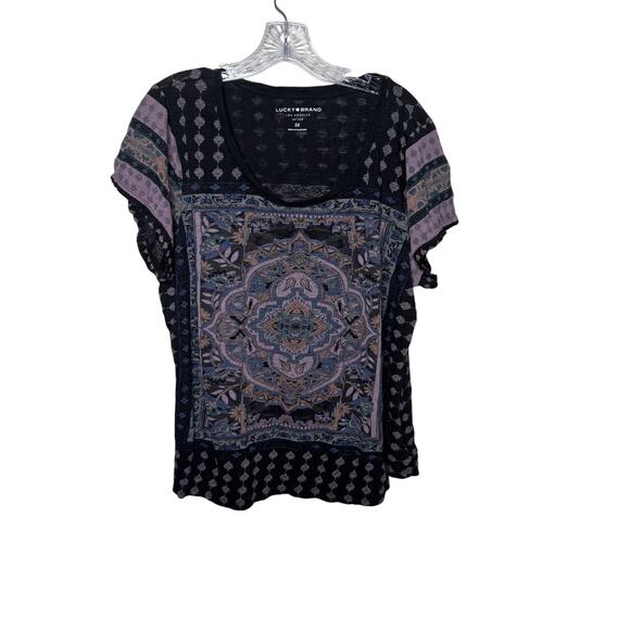 Lucky Brand Womens 2X Boho Medallion Print Scoop Neck Short Sleeve Top - Picture 1 of 8
